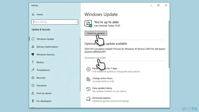 Windows Update page in Settings with Check for updates and an optional update available with a Download and install link
