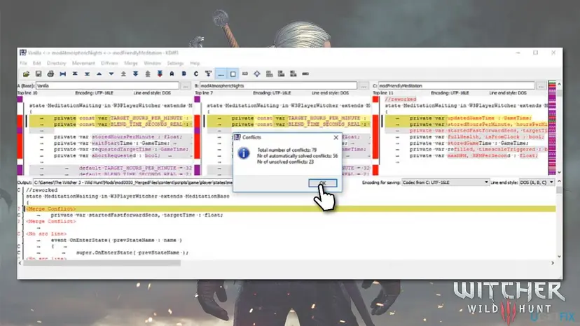 KDiff3 window with three columns named A (Base) Vanilla, B modAtmosphericNights and C modFriendlyMeditation, and a Conflicts box that counts 79 conflicts in total, 56 solved automatically and 23 unsolved