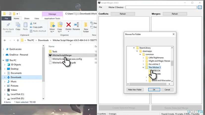 Script Merger v0.6.5 window with the Witcher 3 Directory box, the Conflicts and Merges lists with their Refresh buttons, and a Browse For Folder box that points at the folder The Witcher 3 in a Steam library