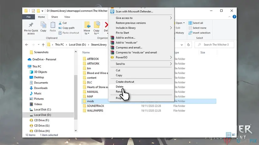 File Explorer showing the folder of The Witcher 3 in a Steam library with the folders bin, content, DLC and mods, and a right-click menu with Delete selected for the mods folder