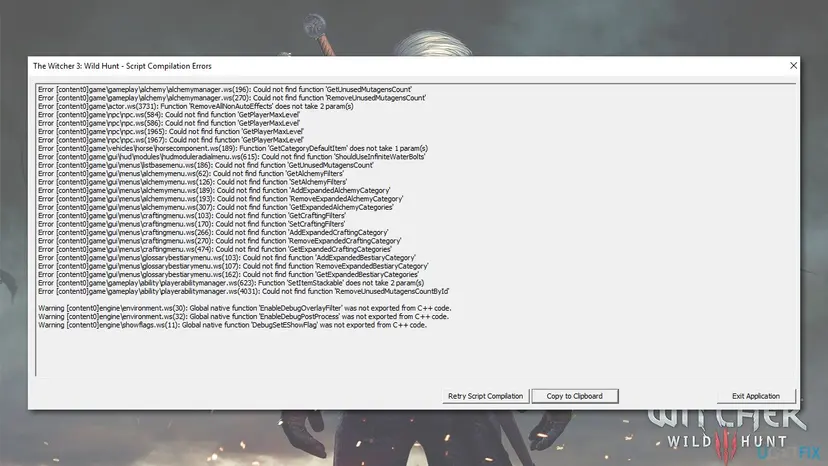 Window titled The Witcher 3: Wild Hunt - Script Compilation Errors with a list of Error lines marked content0, three Warning lines and the buttons Retry Script Compilation, Copy to Clipboard and Exit Application