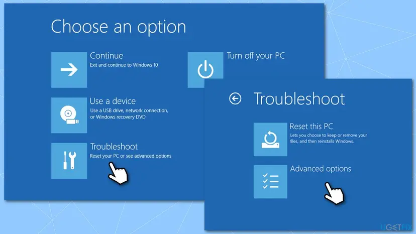 Windows recovery environment screens Choose an option with Troubleshoot selected, and Troubleshoot with Reset this PC and Advanced options