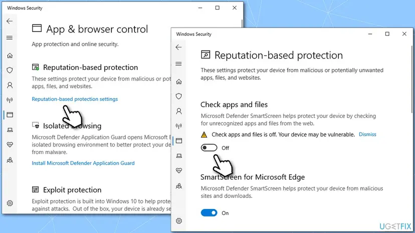 Windows Security App and browser control page and Reputation-based protection page with the Check apps and files switch