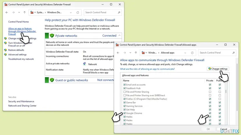 Windows Defender Firewall in Control Panel with Allow an app or feature selected and the Allowed apps window with Change settings and Google Chrome ticked for Private and Public