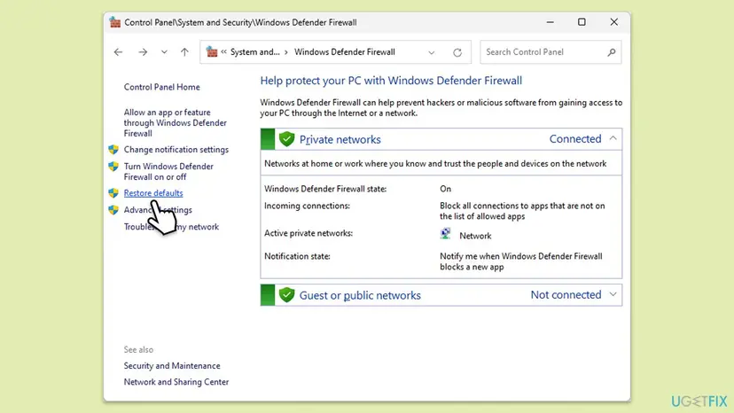 Windows Defender Firewall page in Control Panel on Windows 11 with the Restore defaults link on the left highlighted