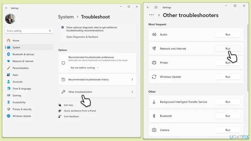 Windows 11 Settings at System, Troubleshoot, Other troubleshooters with the Run button next to Network and Internet highlighted