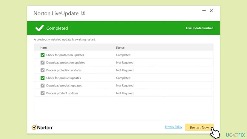 Norton LiveUpdate window showing Completed with protection and product update checks and a Restart Now button