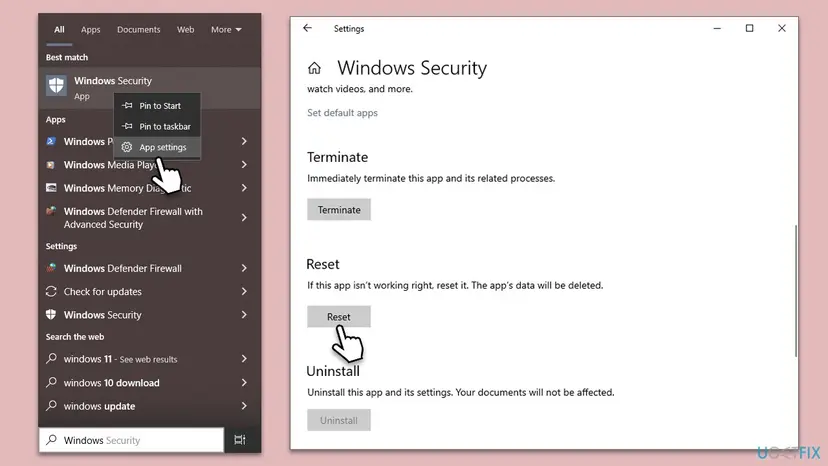 Windows 10 Start menu with App settings for Windows Security, and the Windows Security settings page with the Reset button under Reset