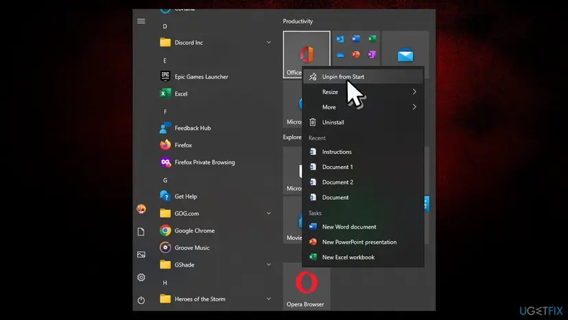 Windows 10 Start menu with live tiles and the right-click menu of the Office tile showing Unpin from Start, Resize and More