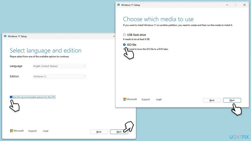 Windows 11 Media Creation Tool screens Select language and edition with recommended options ticked, and Choose which media to use with USB flash drive and ISO file