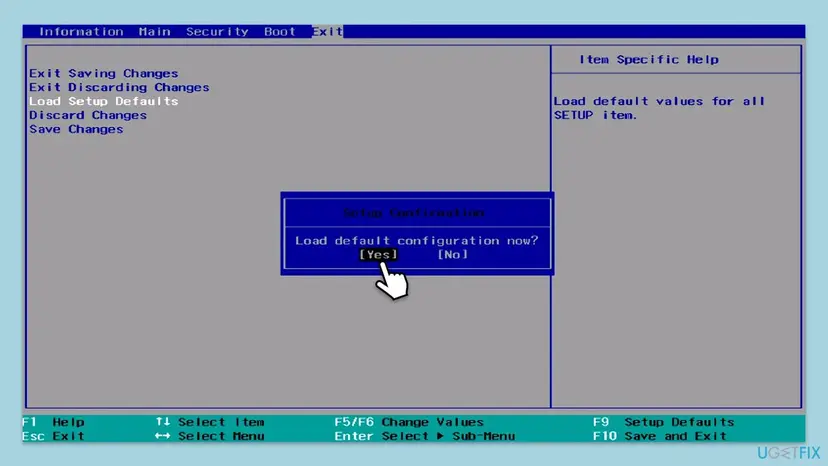 BIOS setup Exit tab with Load Setup Defaults selected and the Setup Confirmation dialog asking Load default configuration now with Yes and No