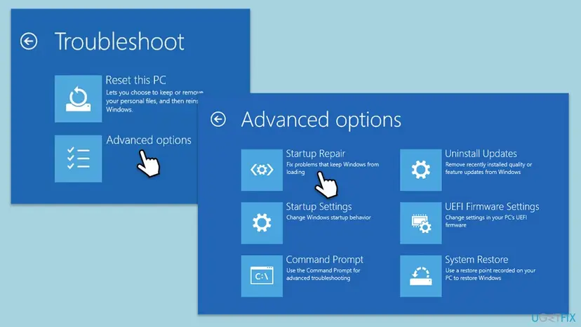 Windows recovery Troubleshoot screen with Advanced options selected, and the Advanced options screen with Startup Repair selected