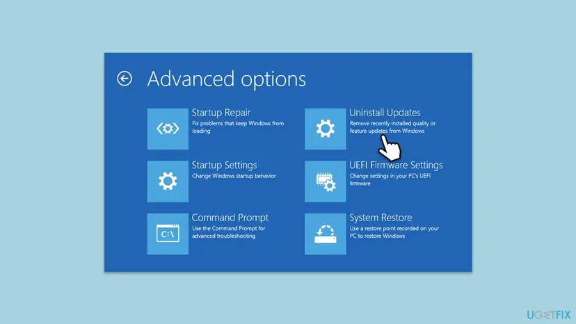 Windows recovery Advanced options screen with the Uninstall Updates tile selected, next to Startup Repair, Command Prompt and System Restore