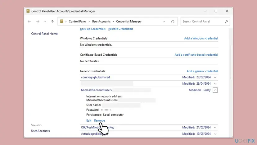 Credential Manager on Windows 11 with Generic Credentials expanded, a MicrosoftAccount entry open and the Remove link under it
