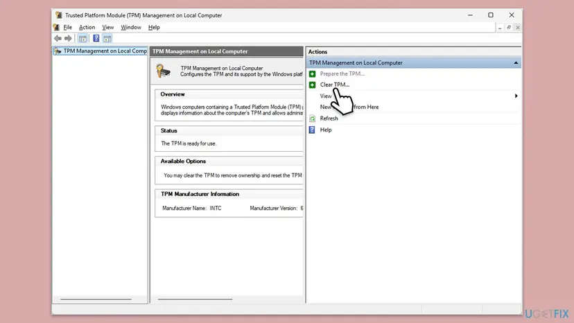 Trusted Platform Module Management on Local Computer window showing the Status The TPM is ready for use and the Actions pane with Prepare the TPM and Clear TPM