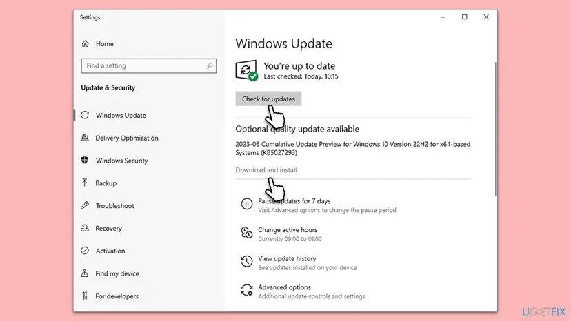 Windows Update settings with the Check for updates button and an optional cumulative update for Windows 10 22H2 with a Download and install link