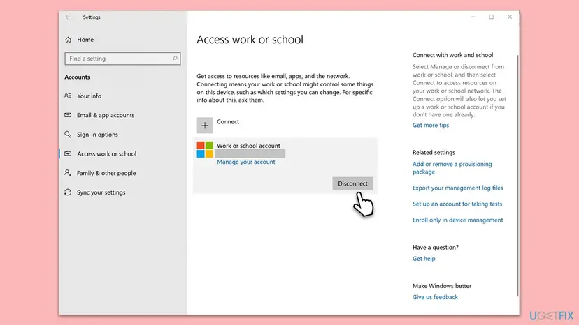 Windows Settings, Accounts, Access work or school page with a work or school account selected and the Disconnect button highlighted