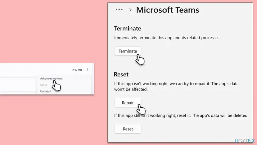 Advanced options of Microsoft Teams in Windows Settings with the Terminate, Repair and Reset buttons and the Advanced options menu entry