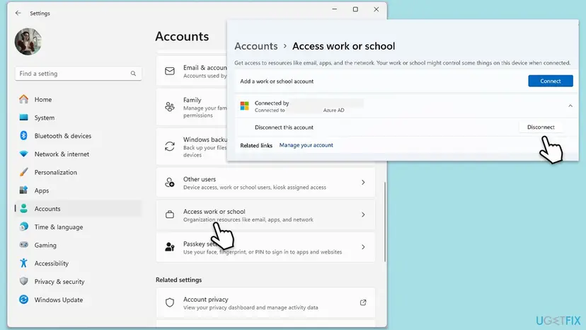 Windows 11 Settings, Accounts, Access work or school with an Azure AD account expanded and the Disconnect button next to Disconnect this account