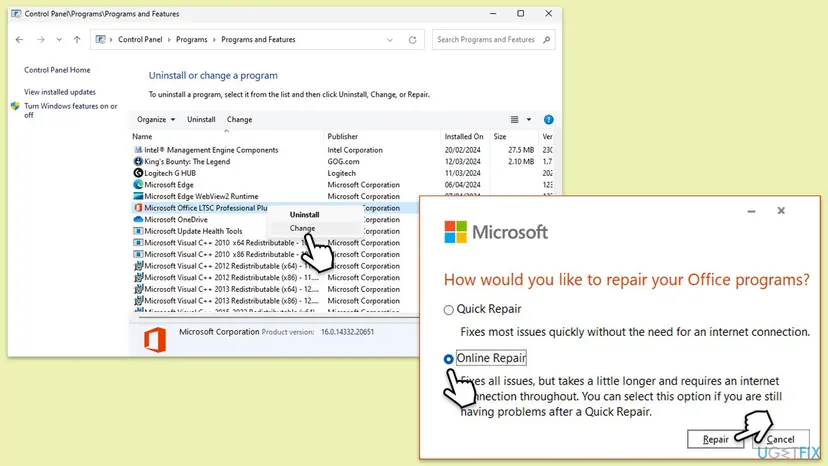 Programs and Features with Microsoft Office selected and the Change command, next to the dialog How would you like to repair your Office programs with Quick Repair and Online Repair