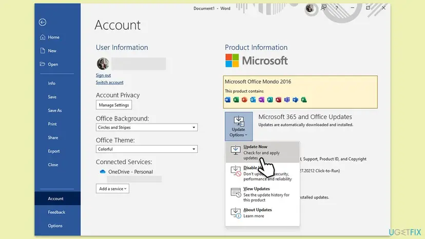 Word Account page with User Information, the links Sign out and Switch account on the left and Product Information with the Update Options menu on the right