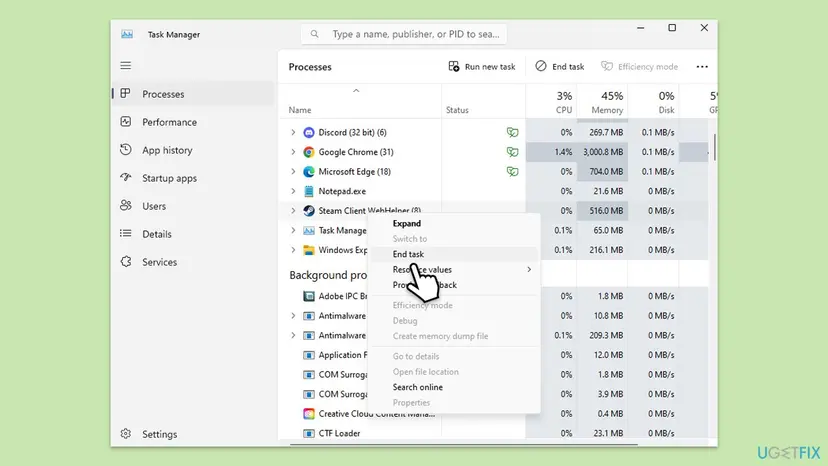 Windows 11 Task Manager on the Processes page with the context menu of Steam Client WebHelper open and the pointer on End task