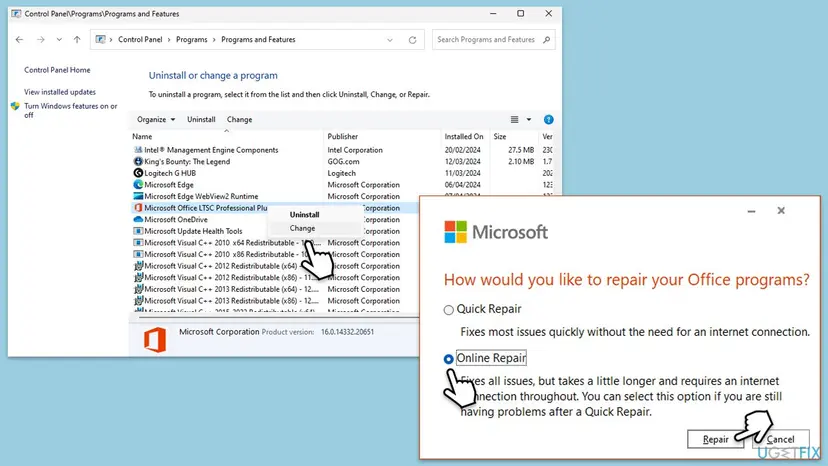 Programs and Features with Microsoft Office selected and Change chosen, next to the window How would you like to repair your Office programs with Quick Repair and Online Repair