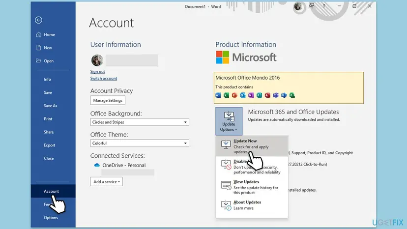 Office Account page with Product Information, the Update Options menu open and the entry Update Now Check for and apply updates highlighted