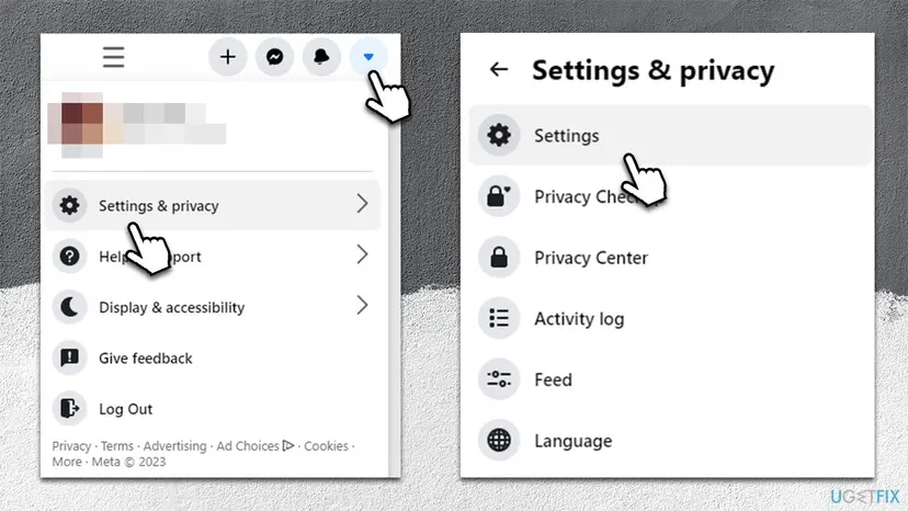 Facebook account menu opened from the profile picture with Settings and privacy selected, and the Settings and privacy menu with Settings at the top
