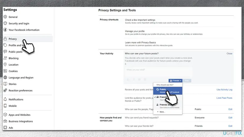 Facebook Settings, Privacy page from 2023 with Who can see your future posts, the audience menu Public, Friends, Friends except, and the Limit Past Posts link