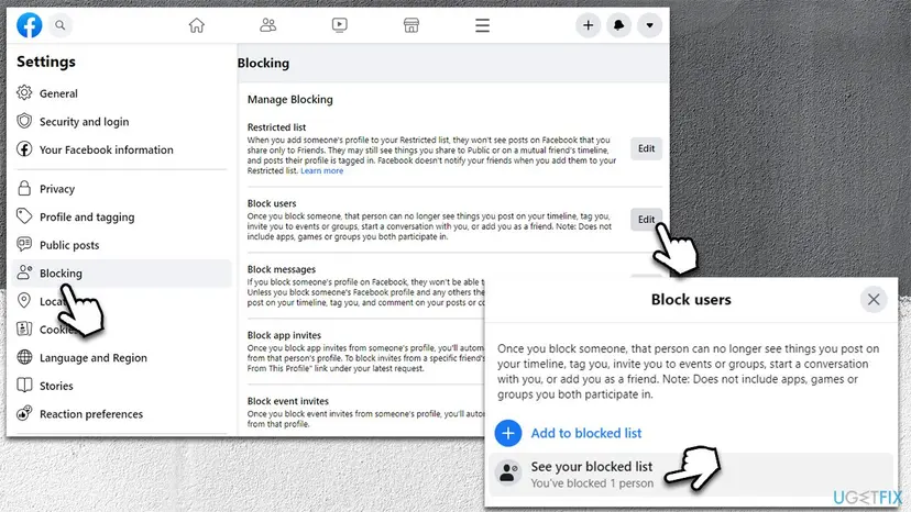 Facebook Blocking settings with the Block users section, the Edit button and the Block users window with See your blocked list