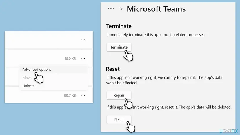 Windows 11 Settings showing the Advanced options menu entry and the Microsoft Teams page with Terminate, Repair and Reset buttons