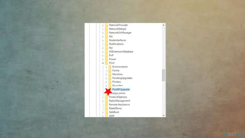 Registry Editor tree under Print showing Environments, Forms, Monitors, PendingUpgrades, Printers, Providers and the PostSPUpgrade key selected