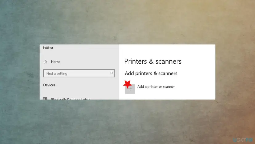 Windows 10 Settings on the Printers and scanners page with the Add a printer or scanner button under Add printers and scanners