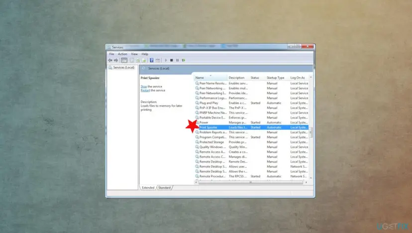 Services window with the Print Spooler service selected in the list, shown as Started with Automatic startup type