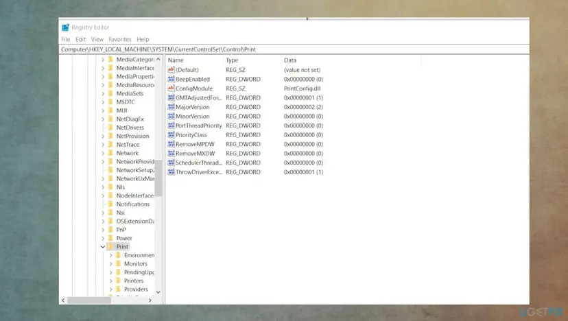 Registry Editor open at HKEY_LOCAL_MACHINE SYSTEM CurrentControlSet Control Print with its values such as BeepEnabled and MajorVersion
