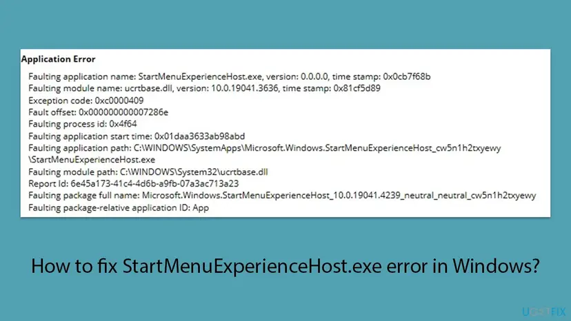 Event Viewer Application Error entry for StartMenuExperienceHost.exe with faulting module ucrtbase.dll and exception code 0xc0000409