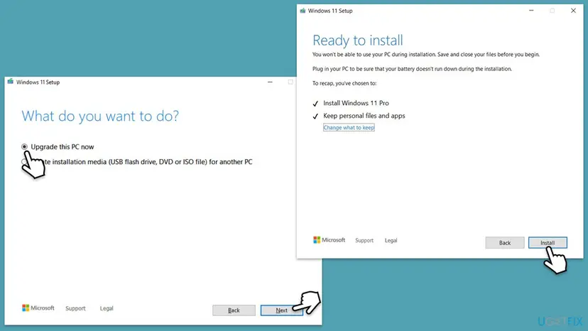 Windows 11 Setup with Upgrade this PC now selected and the Ready to install page showing Keep personal files and apps