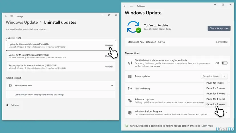 Windows 11 Settings, Uninstall updates list with Uninstall next to an update and the Pause updates menu on Windows Update