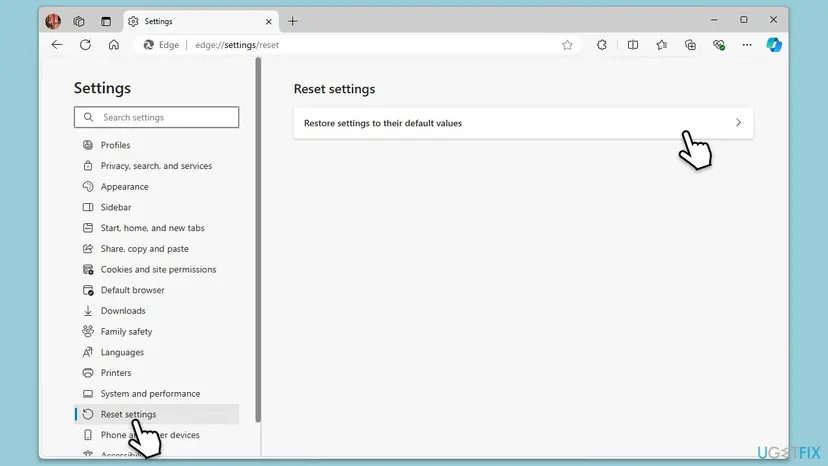 Edge Settings on the Reset settings page at edge://settings/reset with the Restore settings to their default values entry
