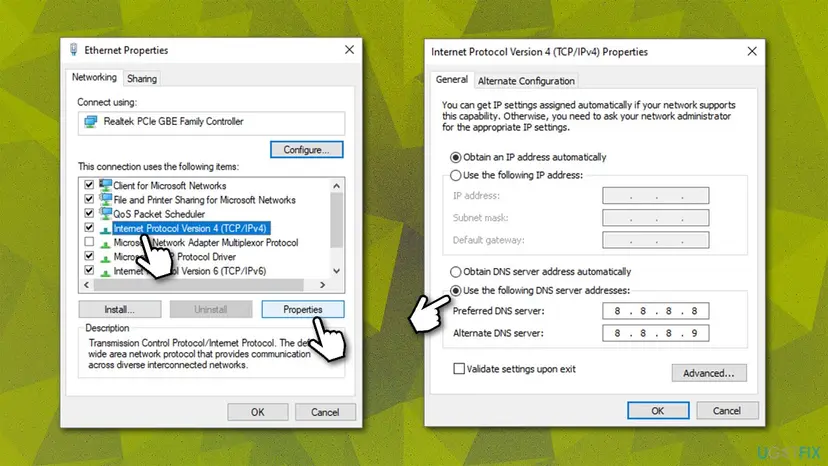 Ethernet Properties with Internet Protocol Version 4 (TCP/IPv4) selected, next to the IPv4 Properties dialog with Use the following DNS server addresses chosen and 8.8.8.8 entered