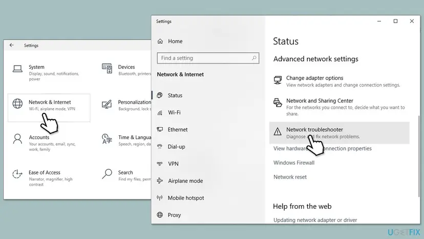 Windows 10 Settings with Network and Internet selected, and the Status page showing Advanced network settings with the Network troubleshooter entry highlighted