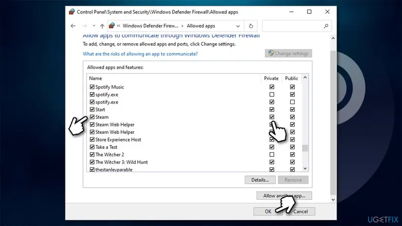 Windows Defender Firewall Allowed apps window with Steam and Steam Web Helper ticked for Private and Public