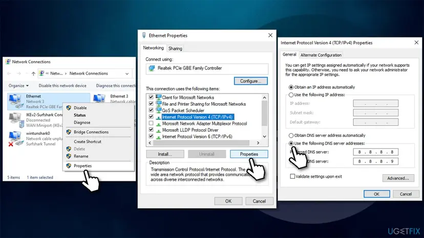 Network Connections and IPv4 Properties windows with the DNS server fields in which addresses are entered