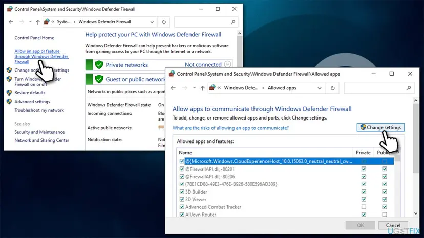 Windows Defender Firewall window with the Change settings button highlighted