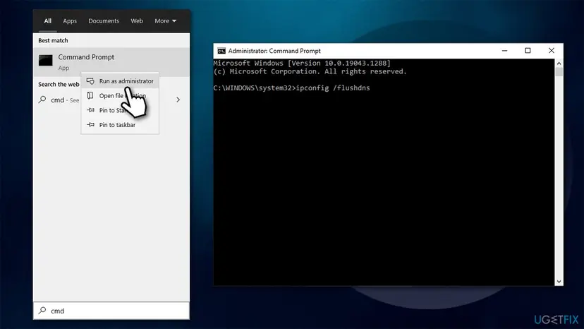 Windows search running Command Prompt as administrator next to a Command Prompt window that runs ipconfig /flushdns