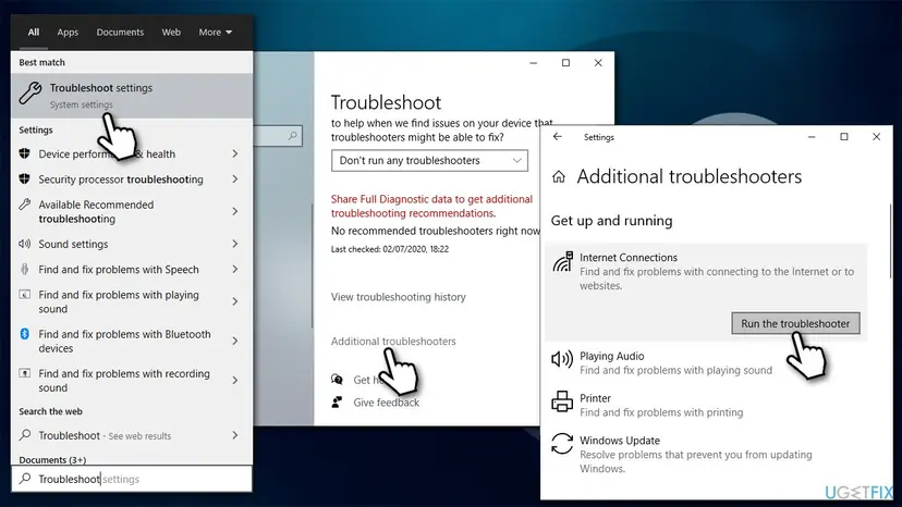 Windows search for Troubleshoot settings and the Additional troubleshooters window with Internet Connections