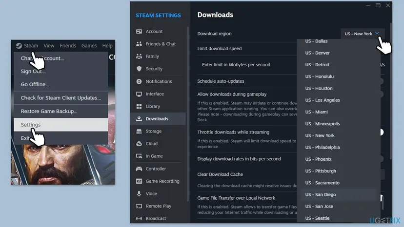 Steam menu with Change Account, Sign Out and Settings, next to the Downloads page of Steam Settings with the Download region list open and Clear Download Cache below it
