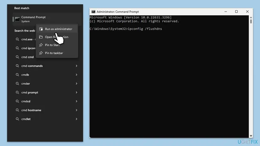 Windows 11 search results with Command Prompt and Run as administrator highlighted, next to an Administrator Command Prompt window with the command ipconfig /flushdns typed