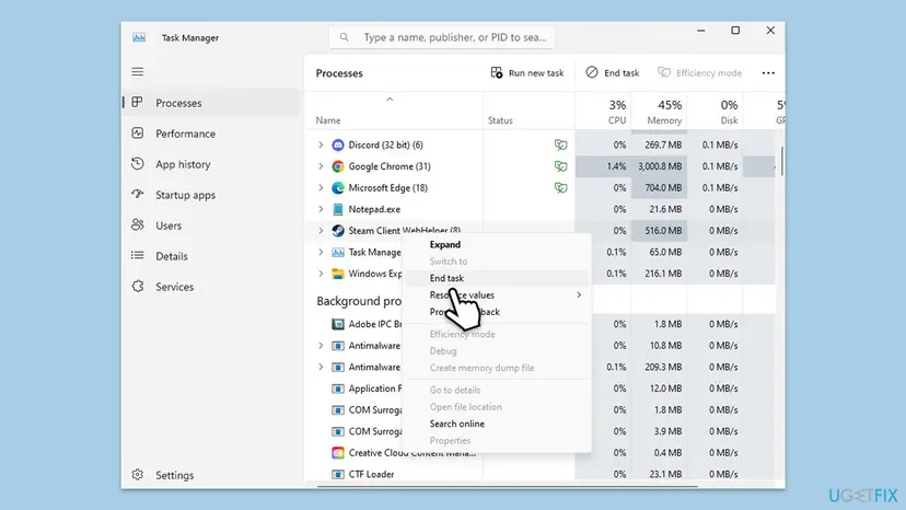 Windows 11 Task Manager on the Processes tab with Steam Client WebHelper right-clicked and End task highlighted in the context menu